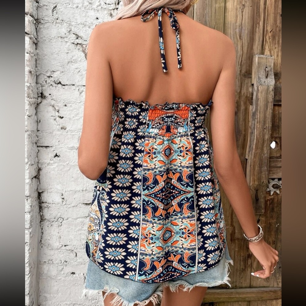 Boho floral print tie back halter top_2
